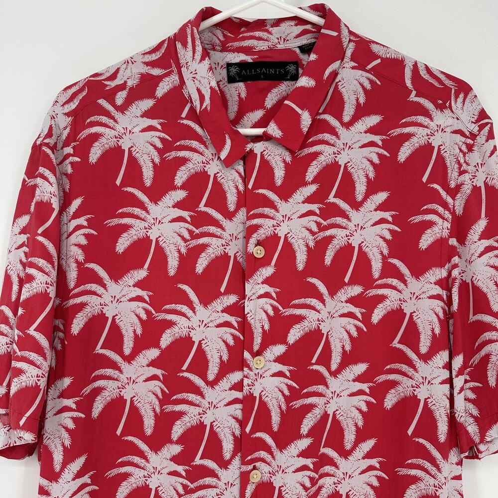 AllSaints Shirt Mens Large Red Palm Tree Hawaiian Camp Button Up Aloha Viscose - Picture 3 of 11